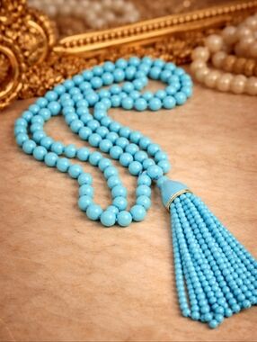 Vintage 80s Turquoise Bead Tassel Necklace Bold Long Strand Statement Retro Boho
